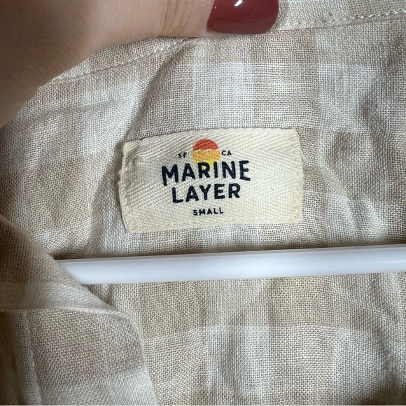 Marine Layer Cream Tan Linen‎ Blend Gingham Button Up Top - Picture 2 of 6